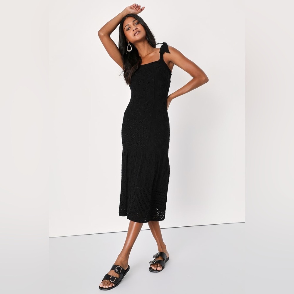 Lulus Sweet Black Crotchet Tie-Strap MIDI Sweater Dress